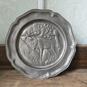 Vintage Pewter Embossed Stag Wall Plate with Woodland Scene